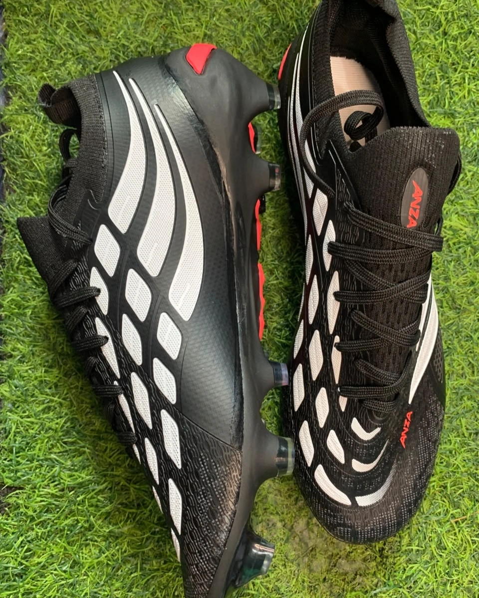 Anza Predator Football Boots – Lace-Up Soccer Cleats with Firm Ground Studs (Black/White/Red) 5