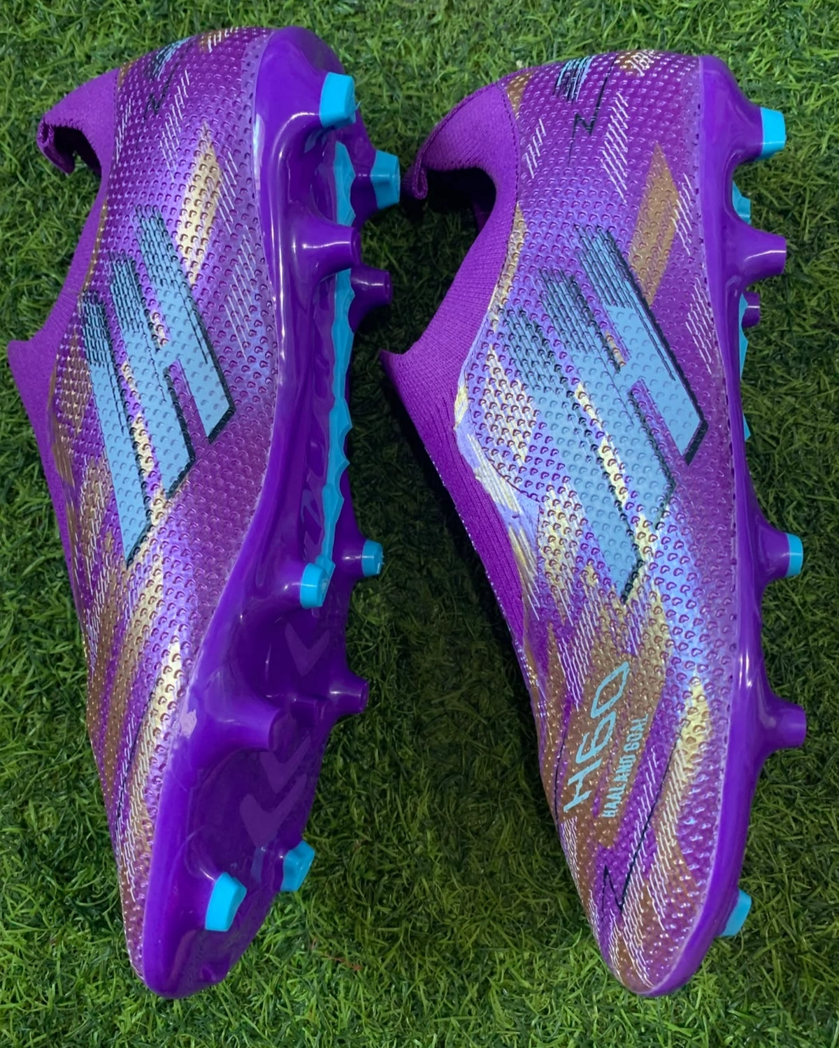 Puks H-60 Non-Lace Football Boots – Knit Sock-Fit Soccer Cleats with Firm Ground Studs (Purple/Gold/Blue) 4