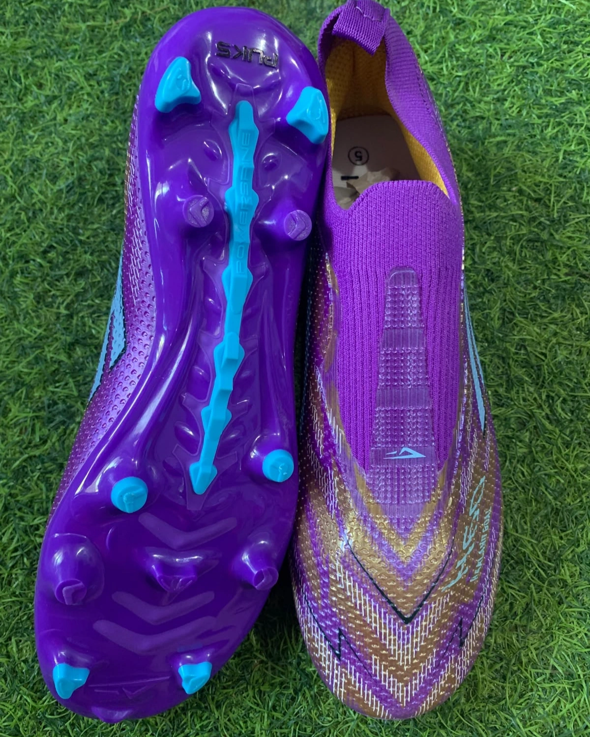 Puks H-60 Non-Lace Football Boots – Knit Sock-Fit Soccer Cleats with Firm Ground Studs (Purple/Gold/Blue) 1