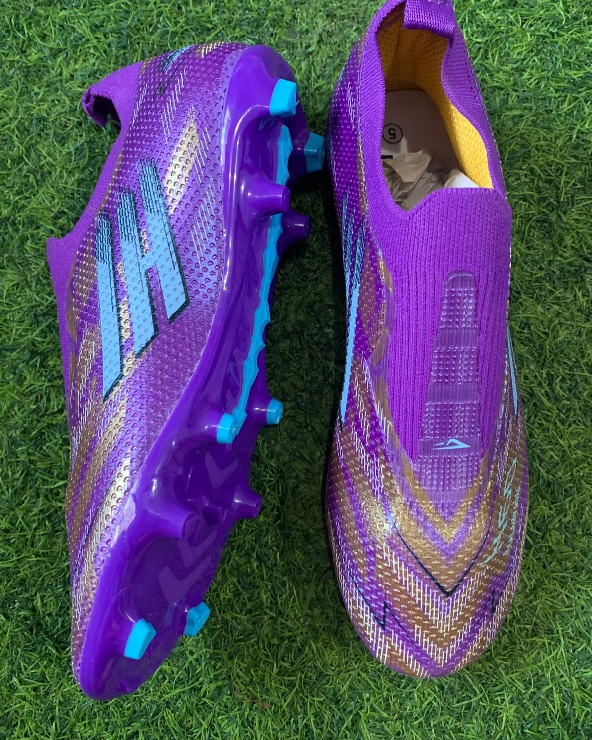 Puks H-60 Non-Lace Football Boots – Knit Sock-Fit Soccer Cleats with Firm Ground Studs (Purple/Gold/Blue) 3