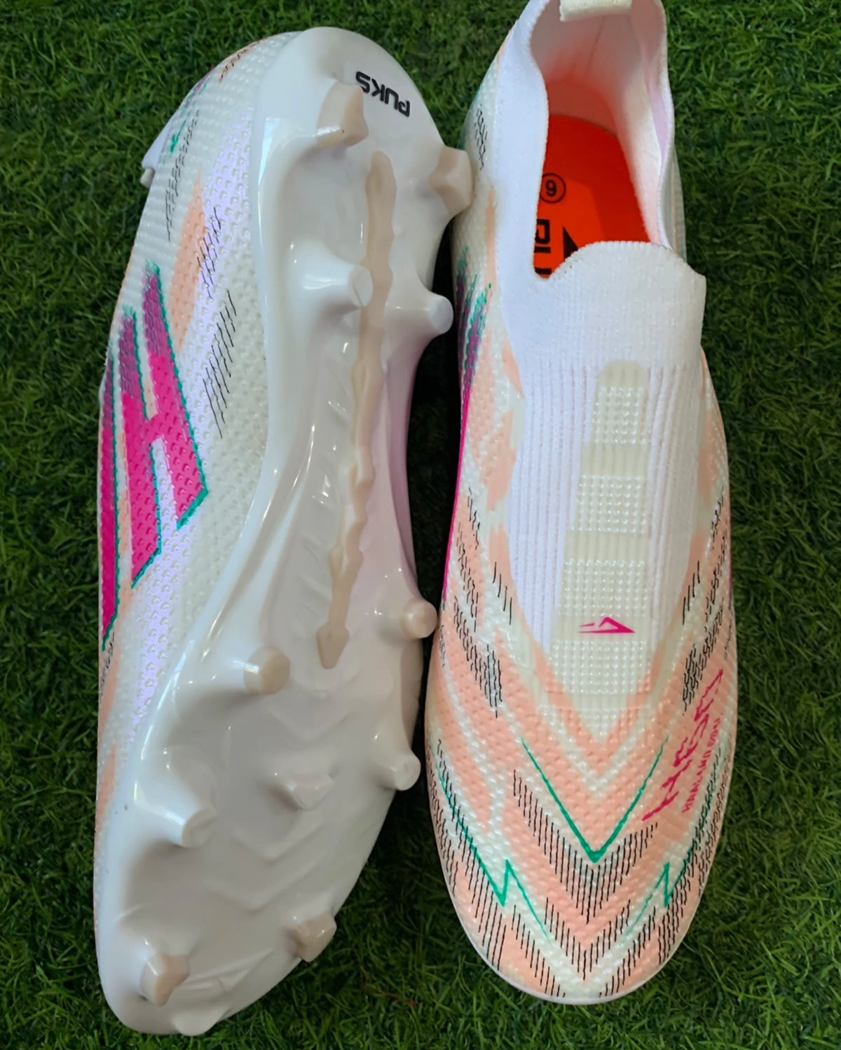Puks H-60 Non-Lace Football Boots – Knit Sock-Fit Soccer Cleats with Firm Ground Studs (White/Peach/Pink) 1