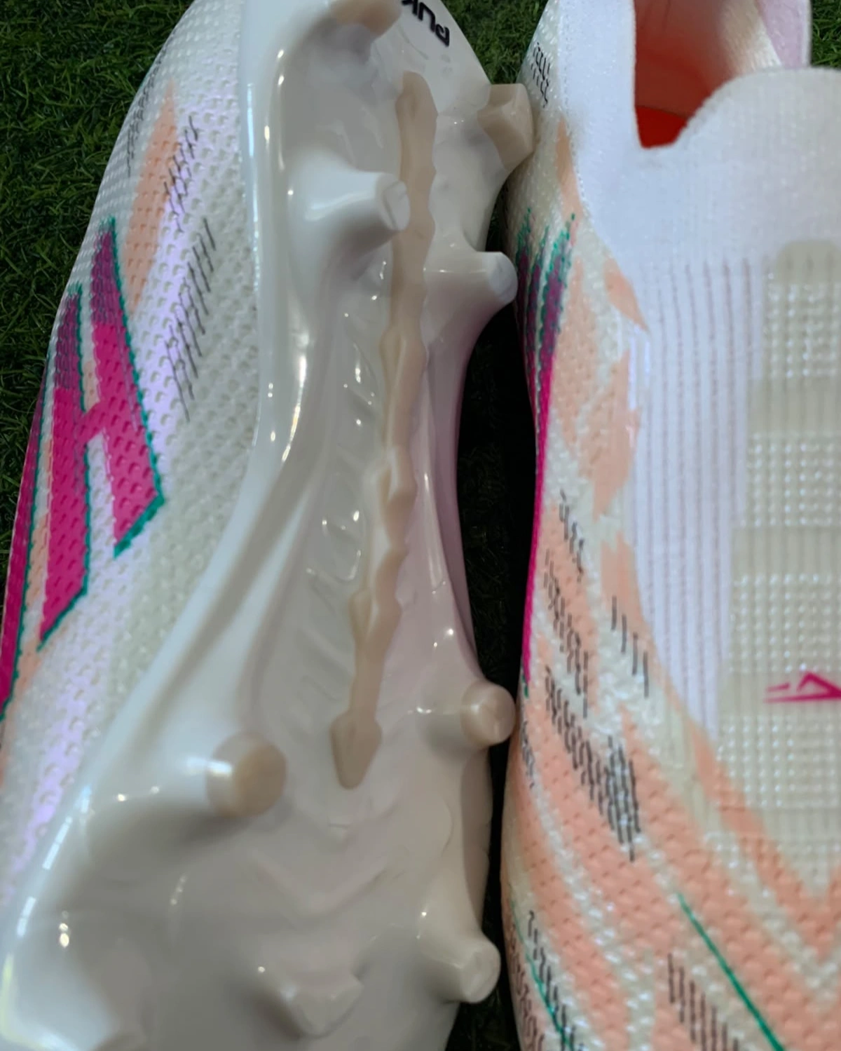 Puks H-60 Non-Lace Football Boots – Knit Sock-Fit Soccer Cleats with Firm Ground Studs (White/Peach/Pink) 3
