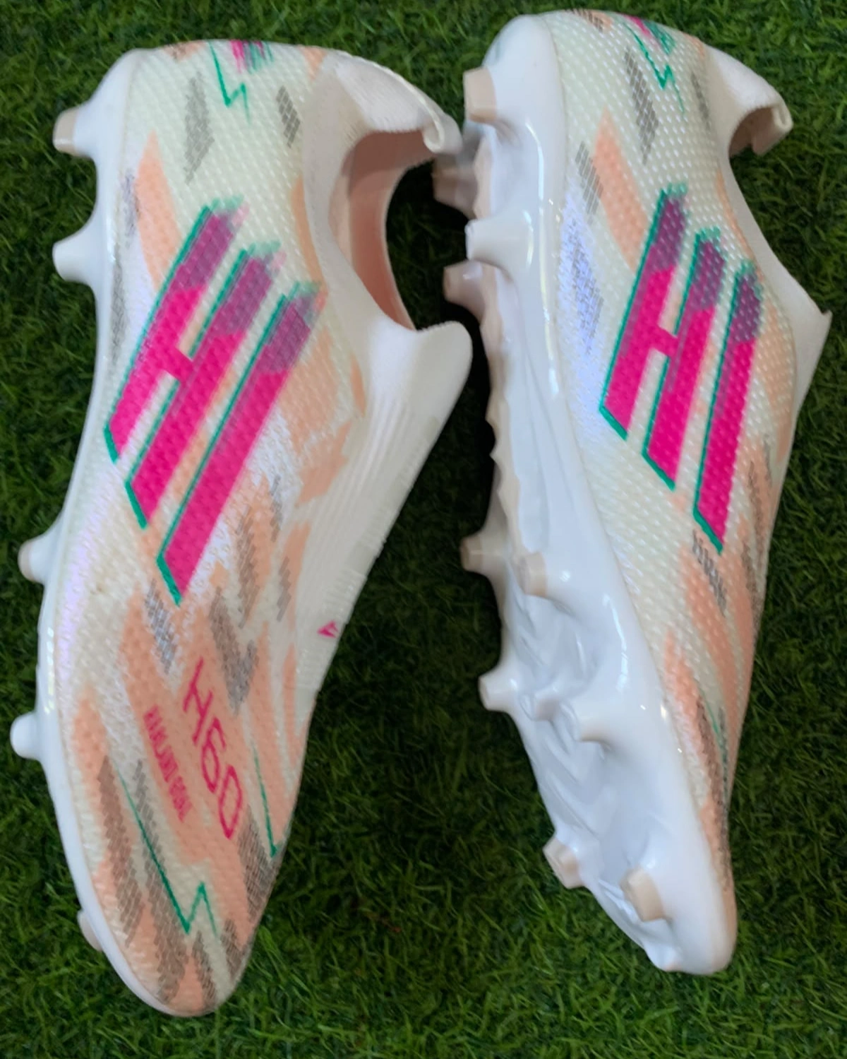 Puks H-60 Non-Lace Football Boots – Knit Sock-Fit Soccer Cleats with Firm Ground Studs (White/Peach/Pink) 5