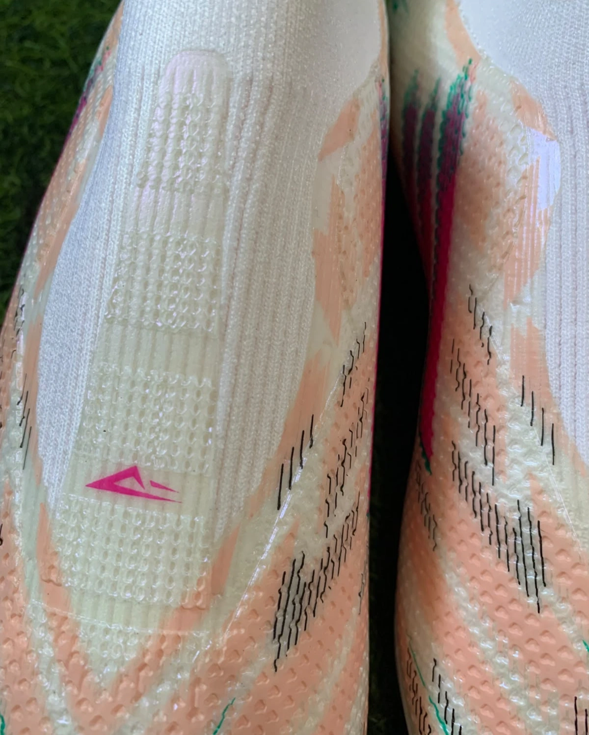 Puks H-60 Non-Lace Football Boots – Knit Sock-Fit Soccer Cleats with Firm Ground Studs (White/Peach/Pink) 4