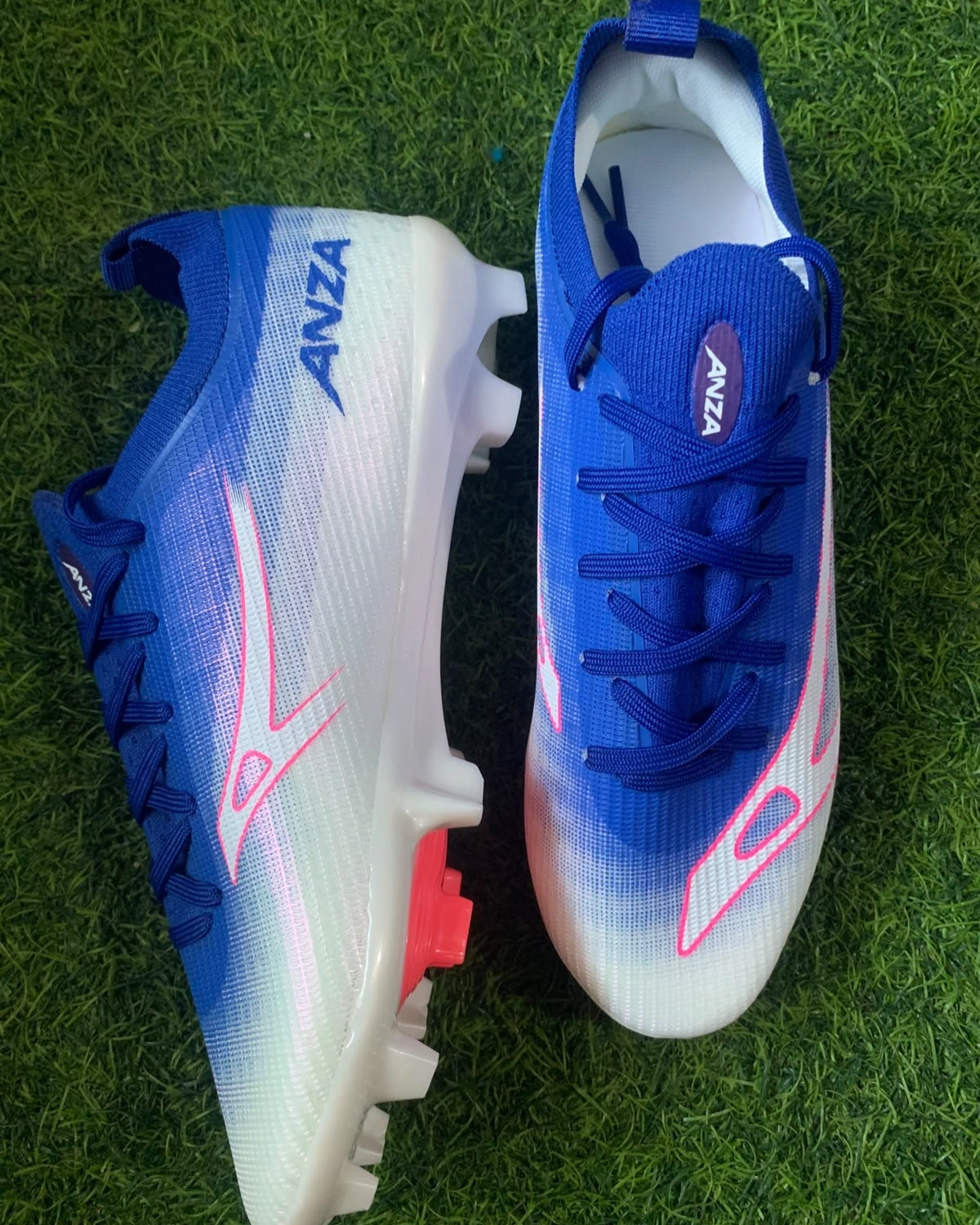 Anza FlyZero Lace-Up Football Boots – Lightweight Soccer Cleats with Firm Ground Studs (Blue/White/Pink) 2