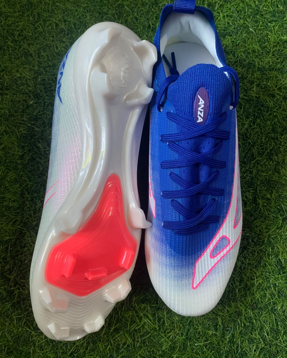 Anza FlyZero Lace-Up Football Boots – Lightweight Soccer Cleats with Firm Ground Studs (Blue/White/Pink) 1
