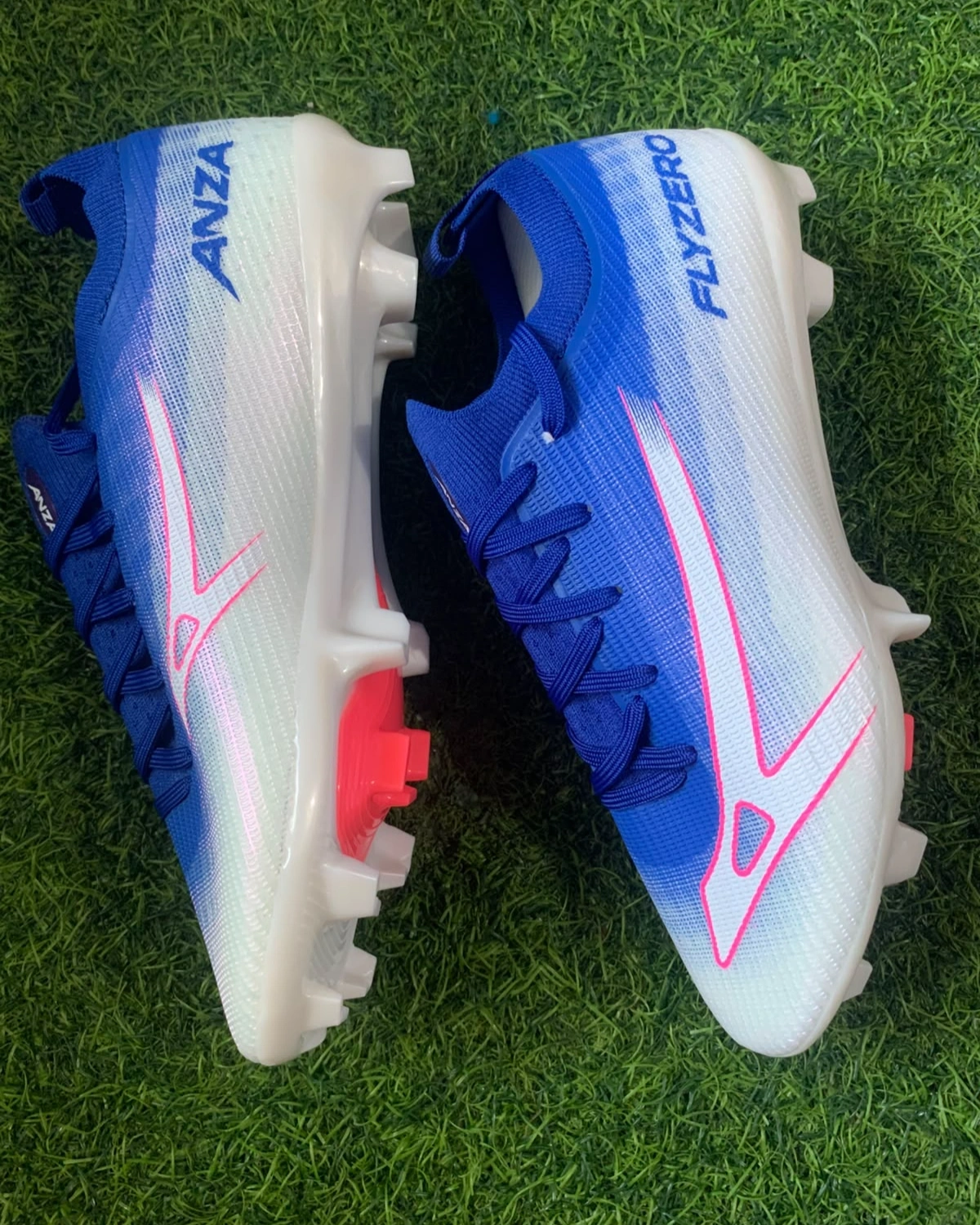Anza FlyZero Lace-Up Football Boots – Lightweight Soccer Cleats with Firm Ground Studs (Blue/White/Pink) 3