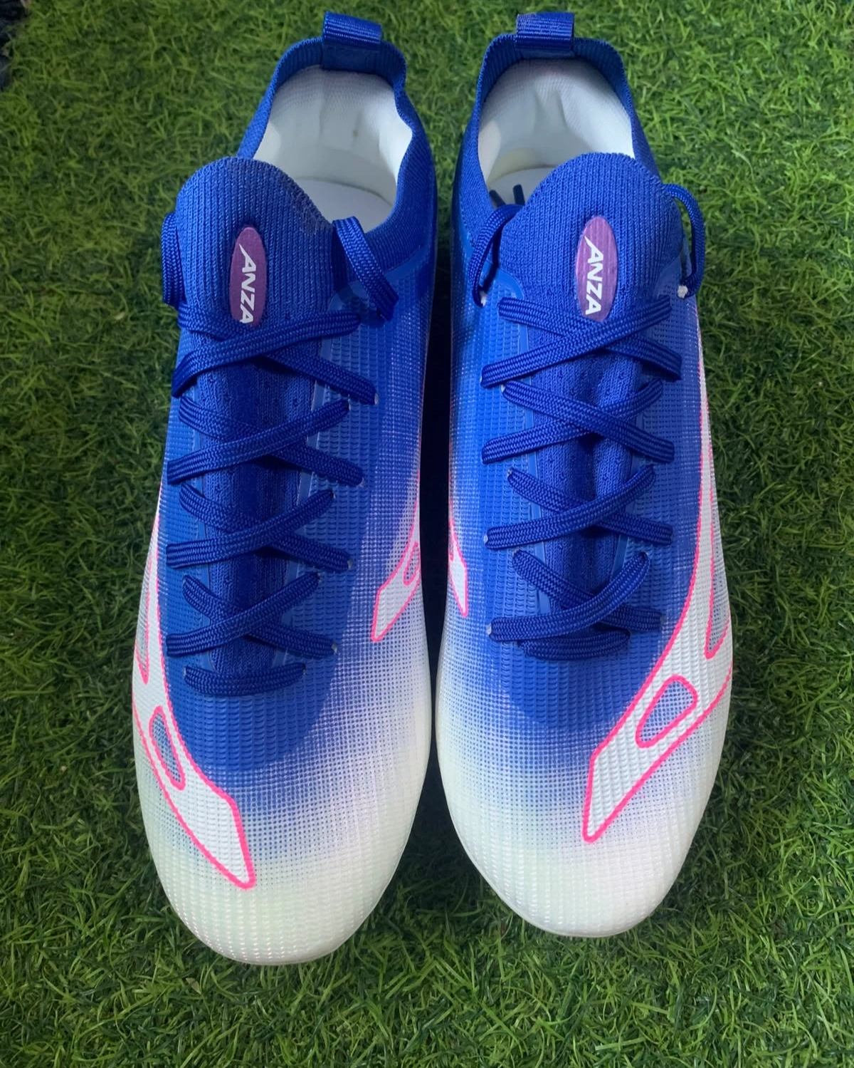 Anza FlyZero Lace-Up Football Boots – Lightweight Soccer Cleats with Firm Ground Studs (Blue/White/Pink) 5