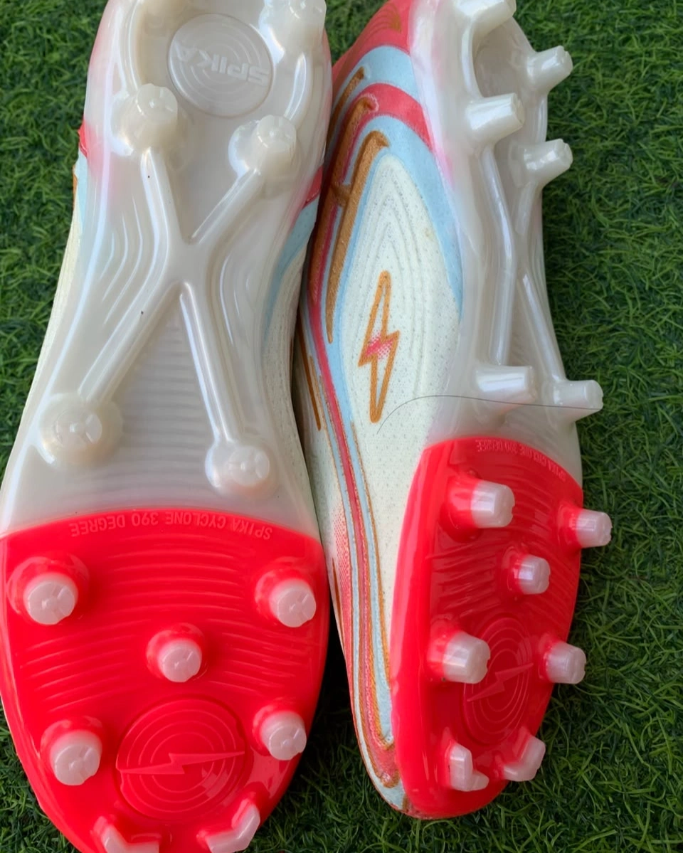 Spika Energy Non-Lace Football Boots – Knit Sock-Fit Soccer Cleats with Firm Ground Studs (White/Red/Gold) 6