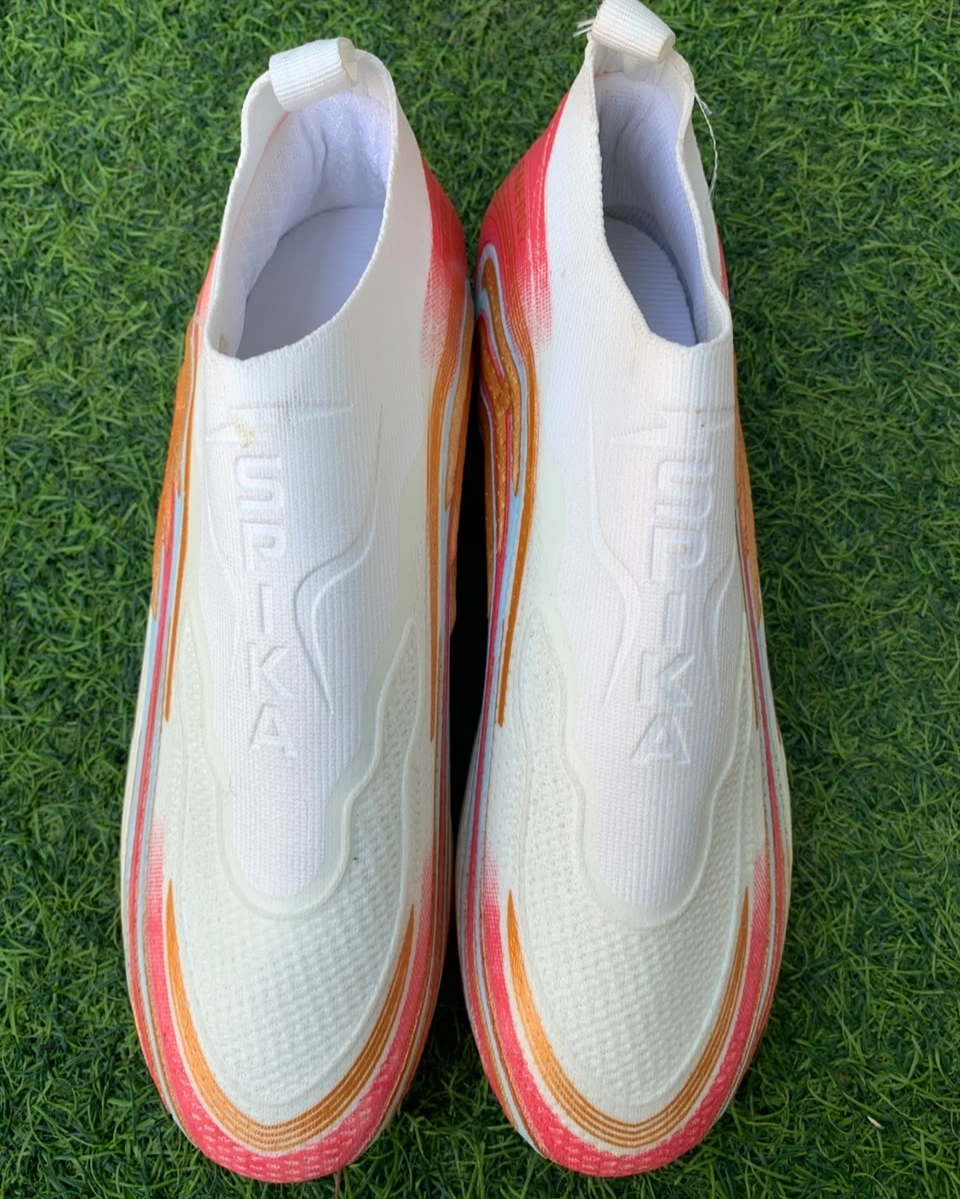 Spika Energy Non-Lace Football Boots – Knit Sock-Fit Soccer Cleats with Firm Ground Studs (White/Red/Gold) 3