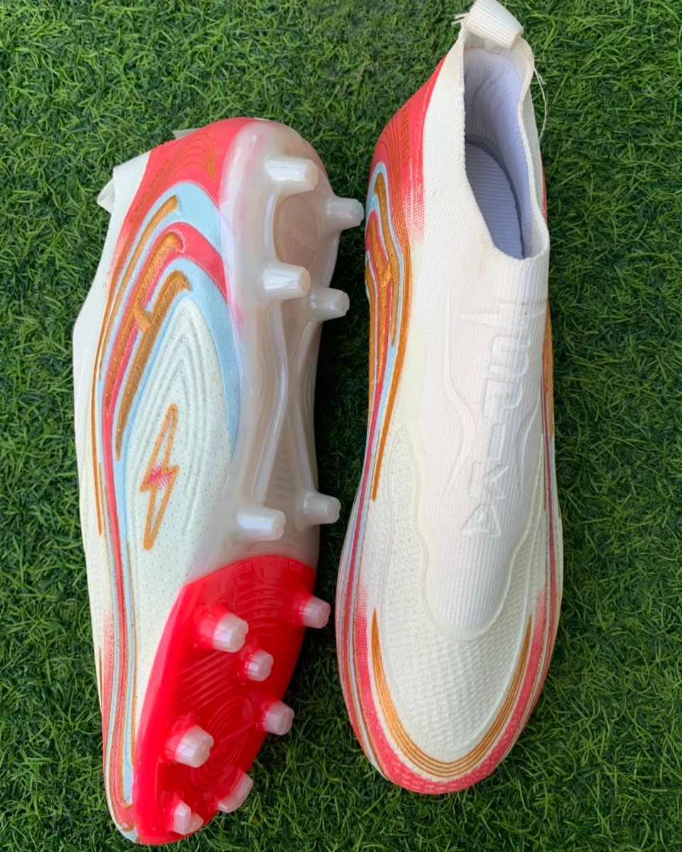 Spika Energy Non-Lace Football Boots – Knit Sock-Fit Soccer Cleats with Firm Ground Studs (White/Red/Gold) 1