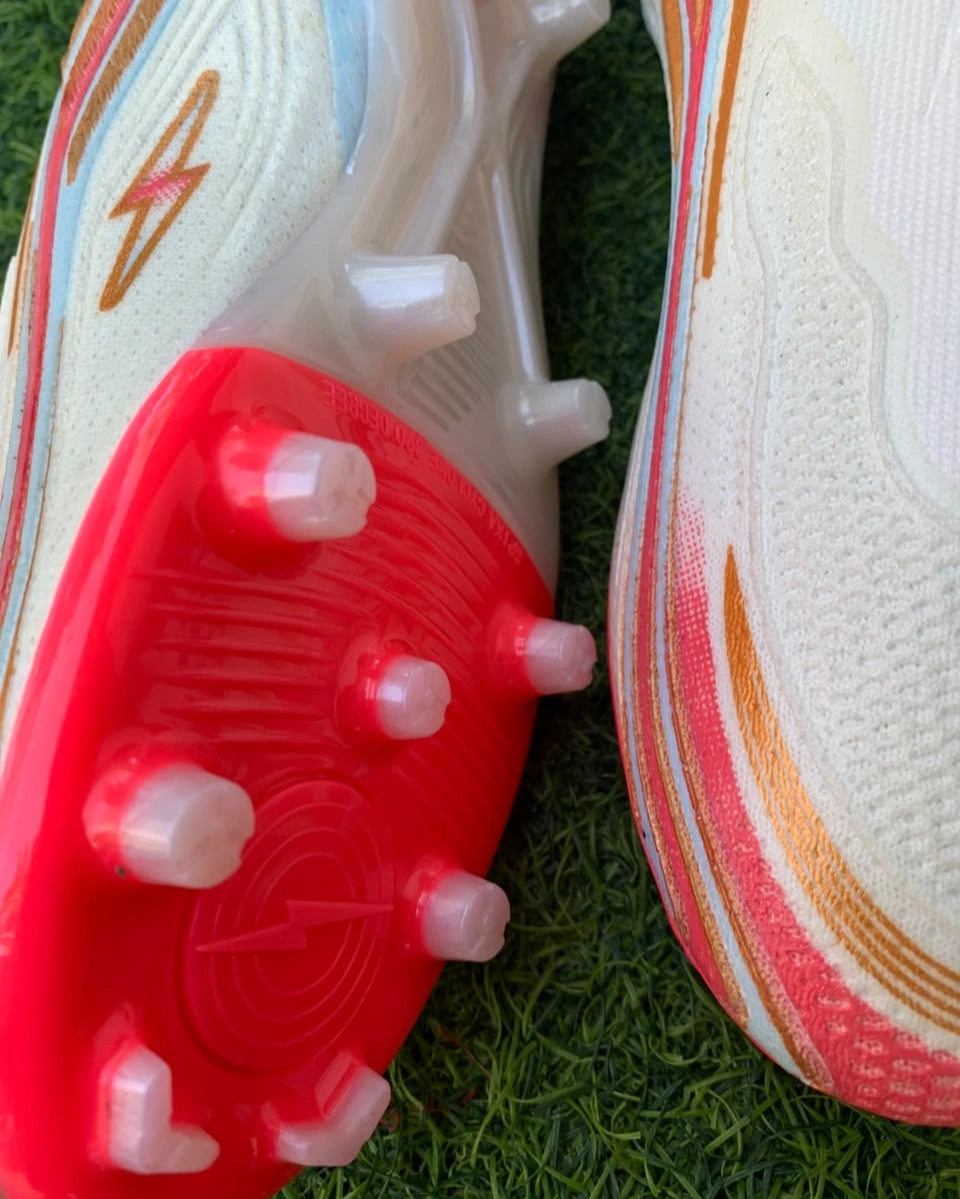 Spika Energy Non-Lace Football Boots – Knit Sock-Fit Soccer Cleats with Firm Ground Studs (White/Red/Gold) 2