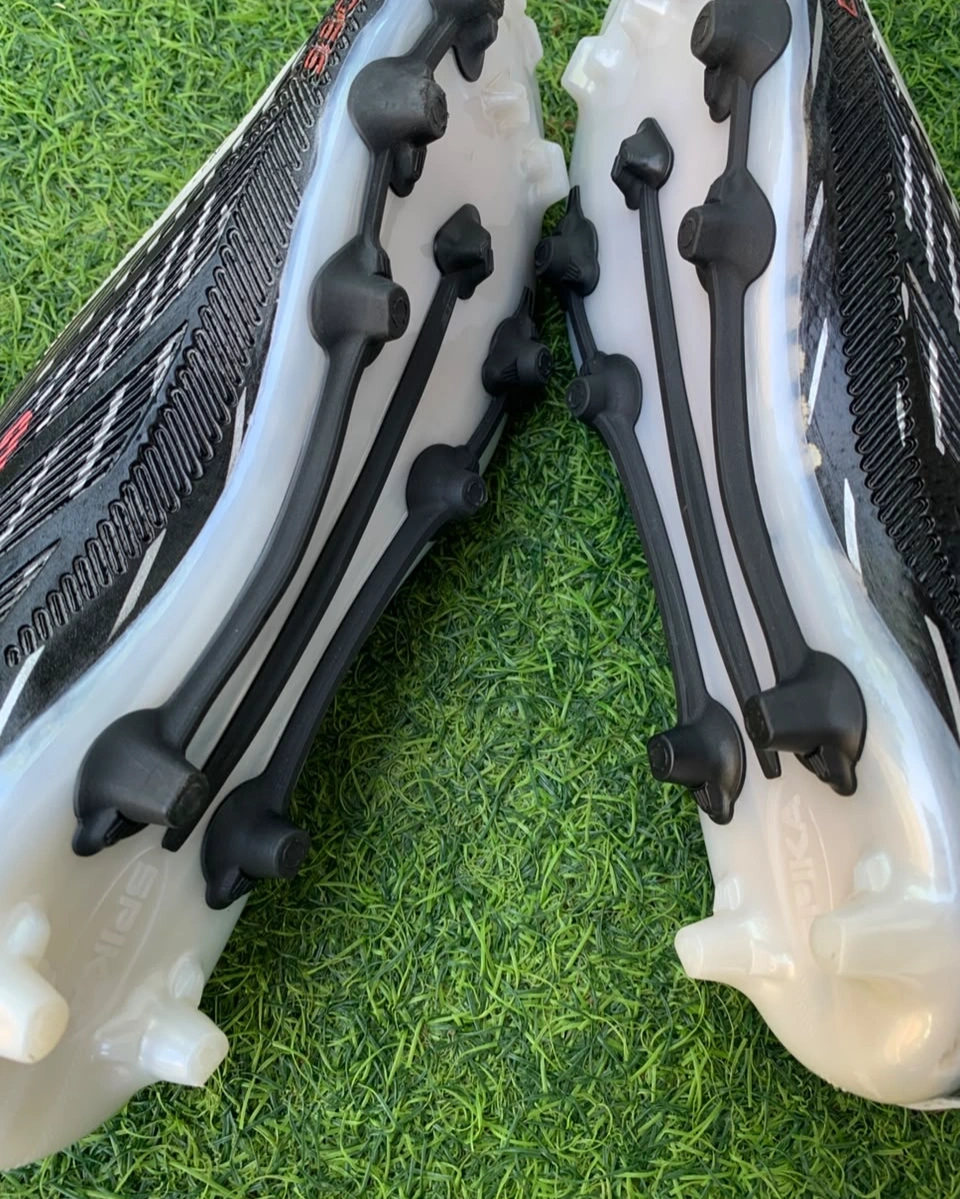 Spika S50 Non-Lace Football Boots – Knit Sock-Fit Soccer Cleats with Firm Ground Studs (White/Black/Red) 4