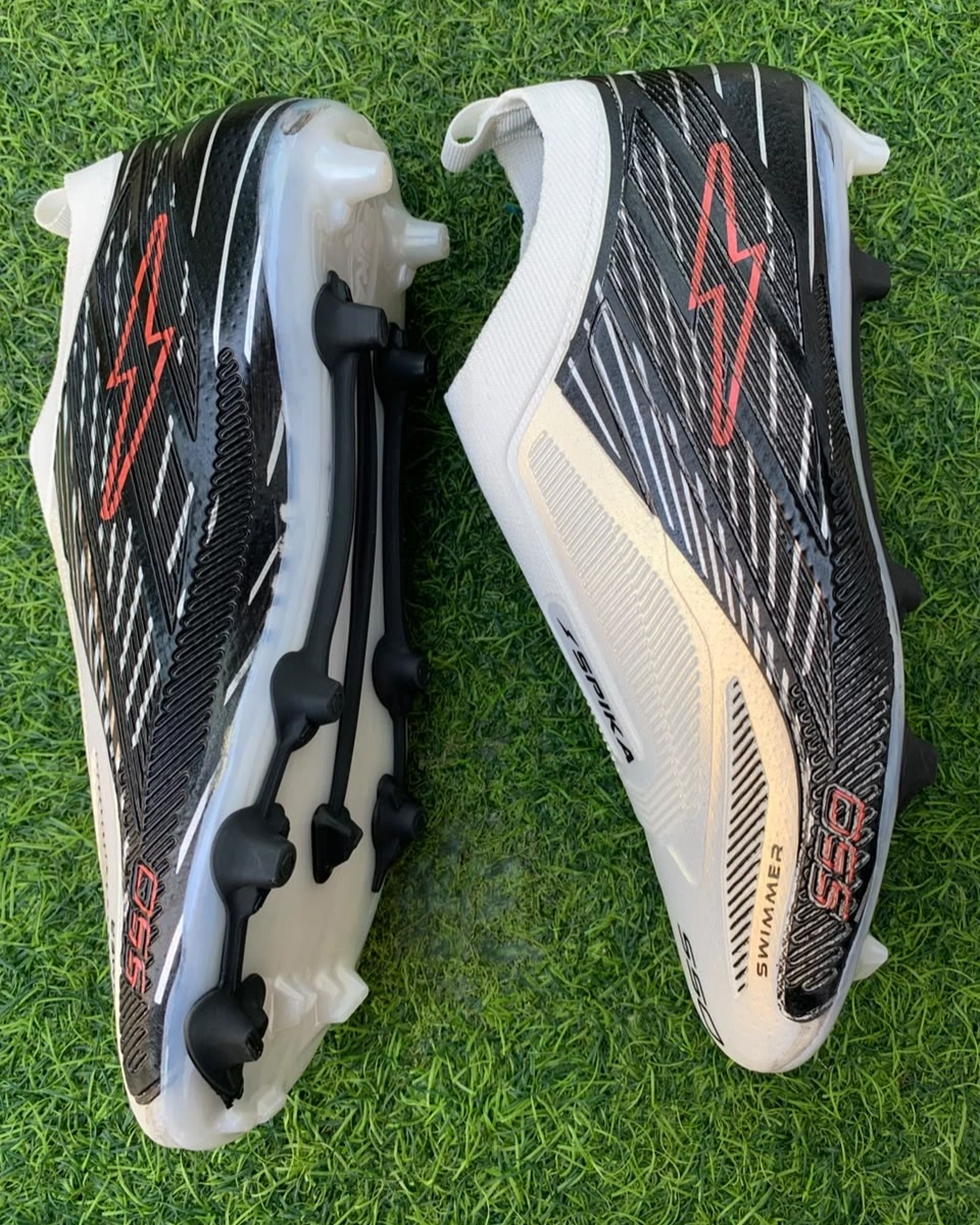 Spika S50 Non-Lace Football Boots – Knit Sock-Fit Soccer Cleats with Firm Ground Studs (White/Black/Red) 5