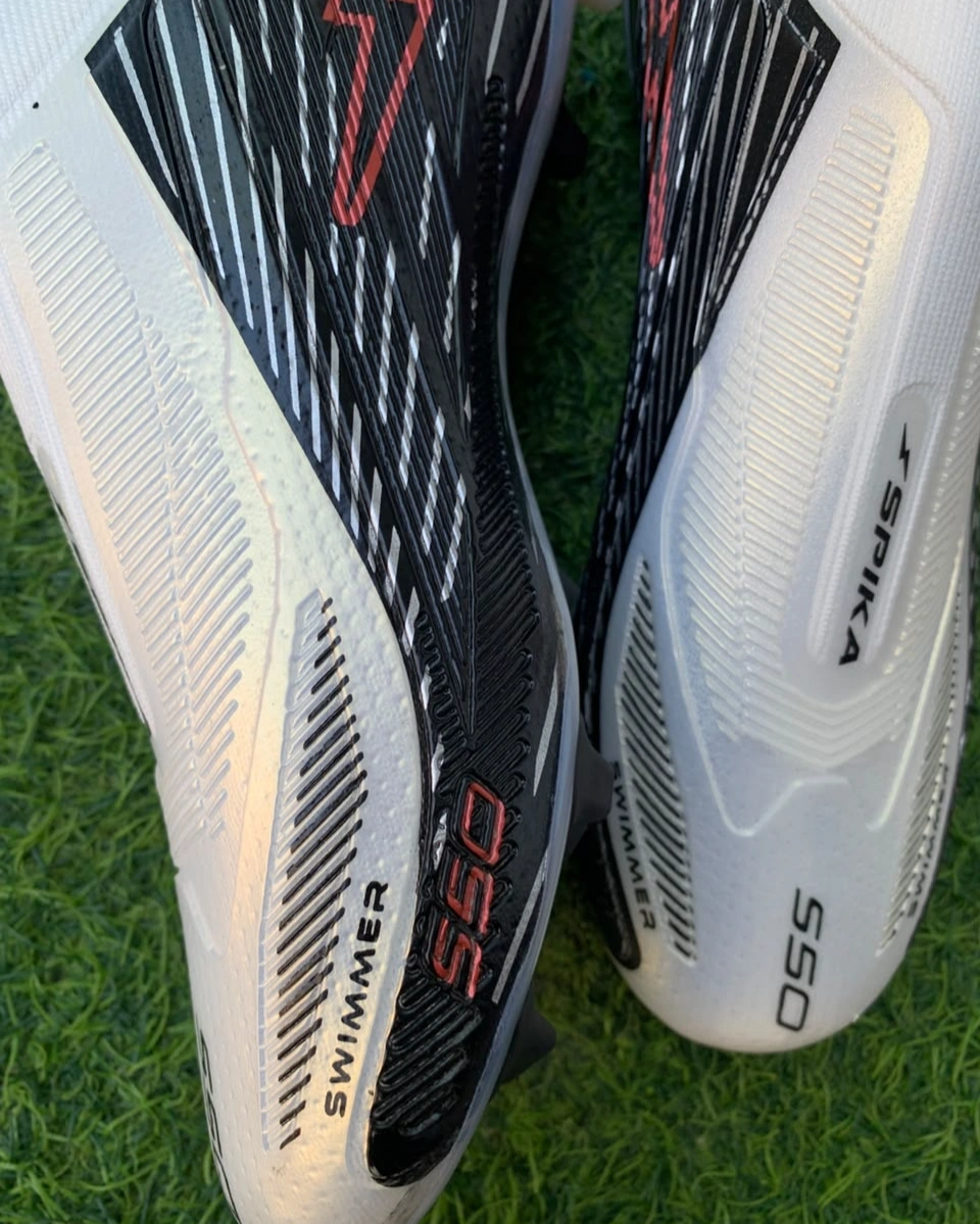 Spika S50 Non-Lace Football Boots – Knit Sock-Fit Soccer Cleats with Firm Ground Studs (White/Black/Red) 3