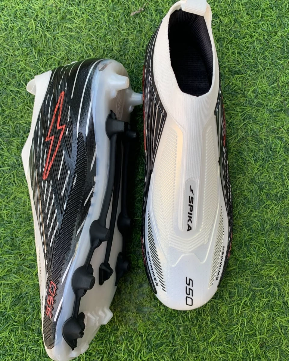 Spika S50 Non-Lace Football Boots – Knit Sock-Fit Soccer Cleats with Firm Ground Studs (White/Black/Red) 1