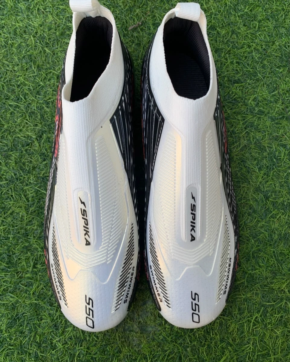 Spika S50 Non-Lace Football Boots – Knit Sock-Fit Soccer Cleats with Firm Ground Studs (White/Black/Red) 2