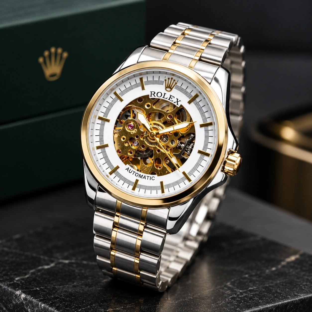 Rolex Skeleton Automatic Dual Tone Chain White Dial luxury watch 2