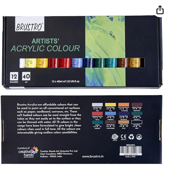 BRUSTRO Artists Acrylic Colour Paint - Set of 12, 40ml Color Tubes | Vibrant Shades,Soft Bodied,Water-based,Non-toxic,Inter-mixable,Ideal for Paper,Canvas,Cardboard, Fine Art Students,Professionals 1