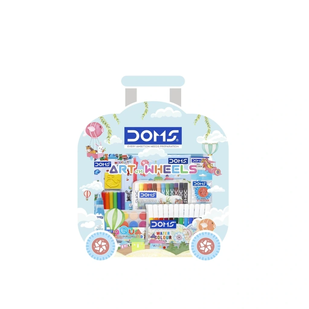 Doms Art On Wheels Assorted Stationery Items Kit+Plastic Crayons 28 Shades Round Tin Gift Pack Combo| Easy to Carry| A Fine Birthday Gift for Children 1