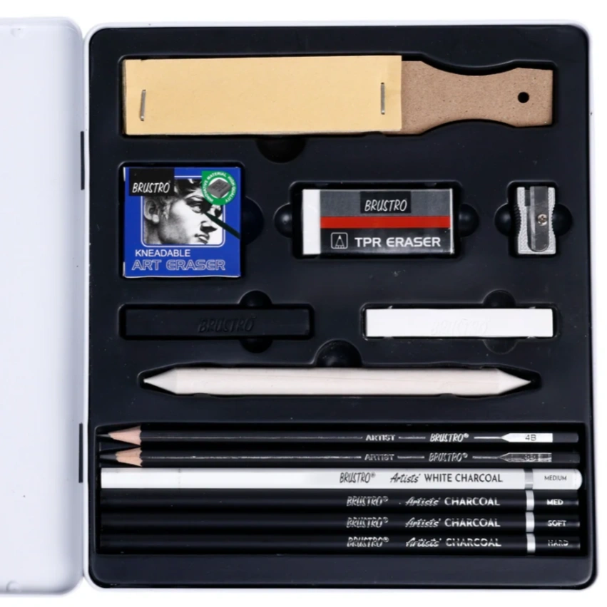 BRUSTRO Black and White Charcoal Drawing Set of 13 Pcs in a Metal Box| Ideal For Sketching, Shading, Blending, Illustration, Portraits, Landscape and Fine Arts 2