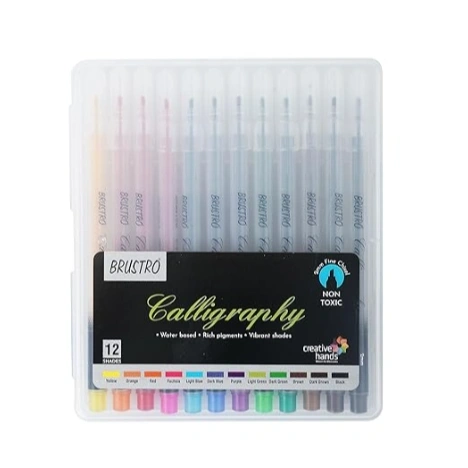 BRUSTRO Calligraphy Pen | 2mm | Set of 12 Colours | Non Toxic, Vibrant Colors, Writing, Waterbased, Fade Resistant, Fast Drying | Ideal for Students, Professionals Use 1