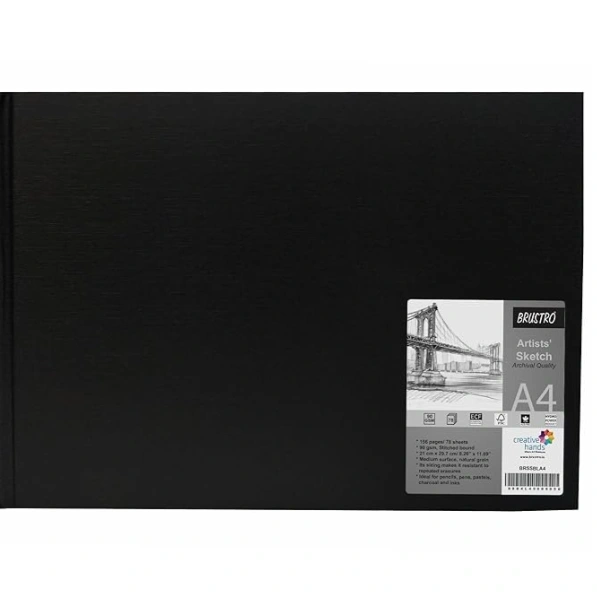 BRUSTRO Artists Sketch Book Stitched Bound A4 Size, Landscape, 156 Pages, 90 GSM (Acid Free Ivory Papers,Medium Surface,Natural Grain)|Ideal for Sketching,Shading,Drawing with Pencil,Charcoal,Graphite 1
