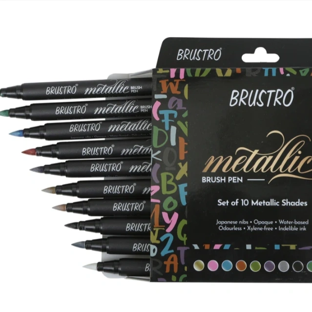 BRUSTRO Metallic Brush Marker Pens | Set of 10 Metallic Shades | Japanese Nibs, Soft Brush Tip, Indelible Ink 1