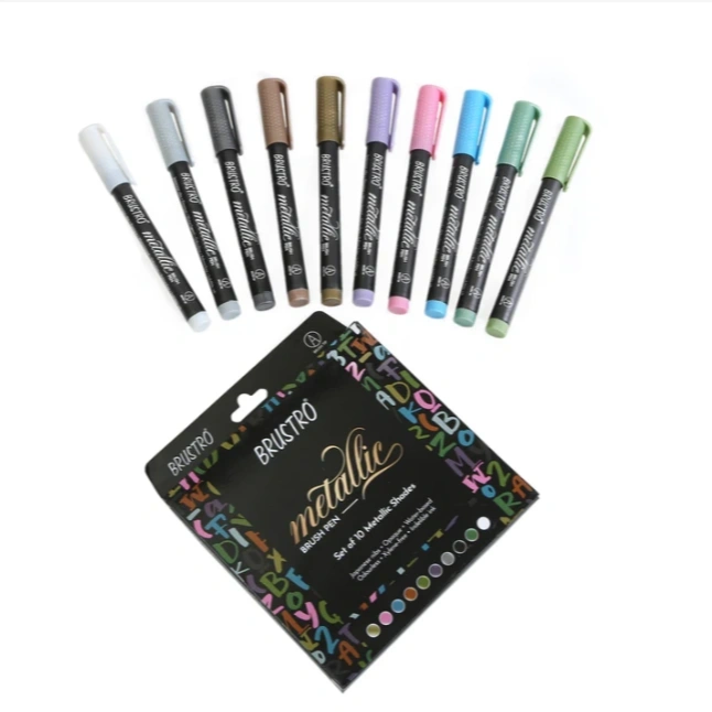 BRUSTRO Metallic Brush Marker Pens | Set of 10 Metallic Shades | Japanese Nibs, Soft Brush Tip, Indelible Ink 2
