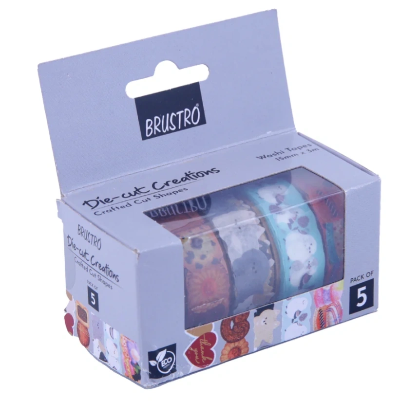 BRUSTRO Die-Cut Creations Washi Tapes | Set of 5 | 15 mm x 3 mtrs | Low Tack Adhesive 1