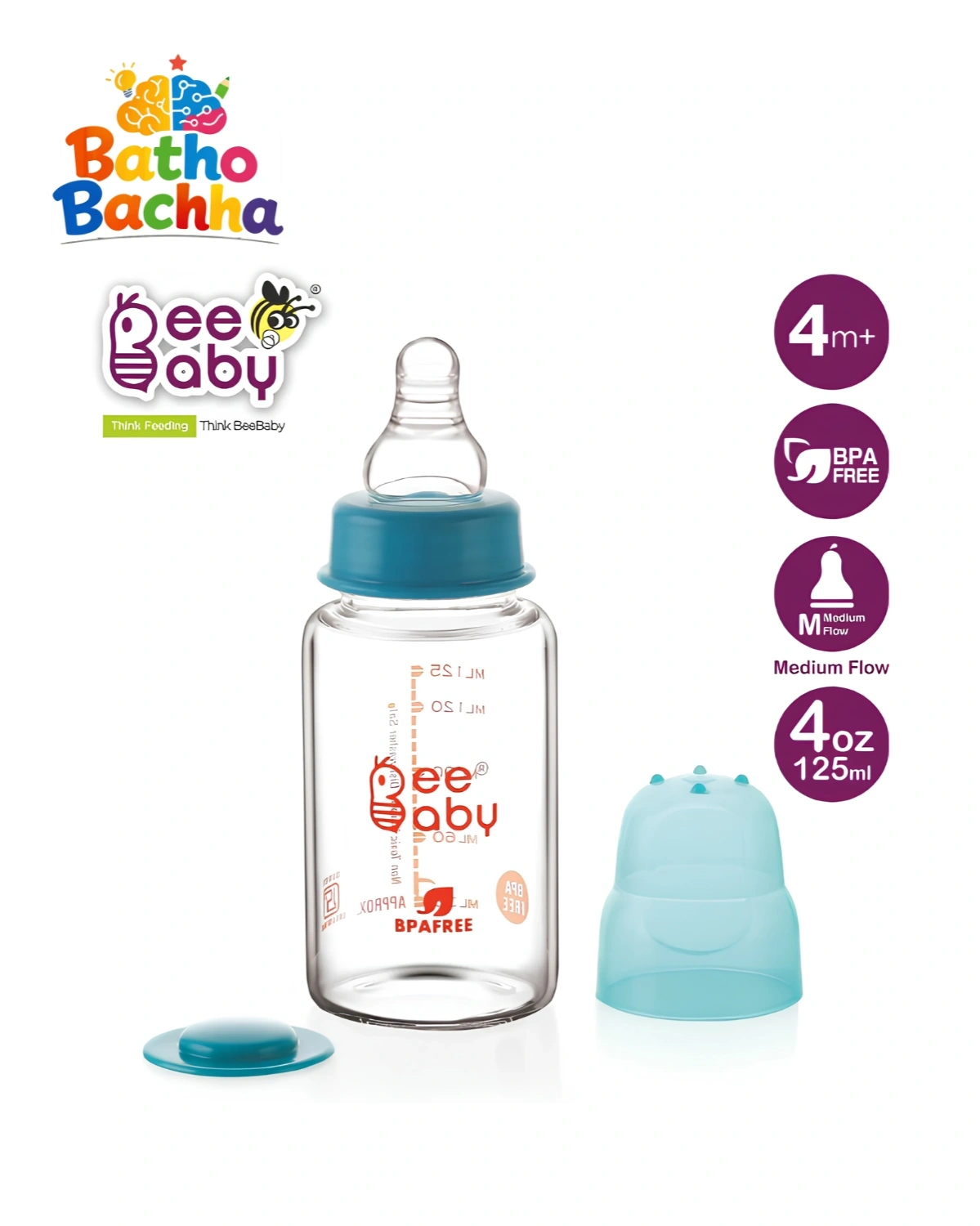 BeeBaby Premium Glass Feeding Bottle – BPA Free, Medium Flow (125ml / 250ml) 3
