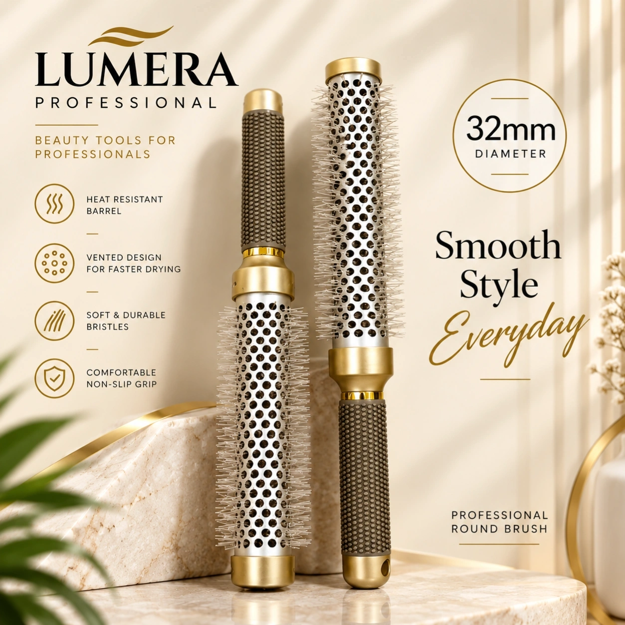 Professional Round Hair Brush 32mm – Gold & Silver Thermal Vent Hair Styling Brush 1