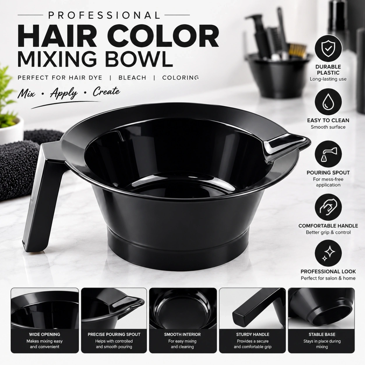 Professional Black Hair Color Mixing Bowl with Handle & Pouring Spout for Hair Dye, Bleach and Salon Use 1