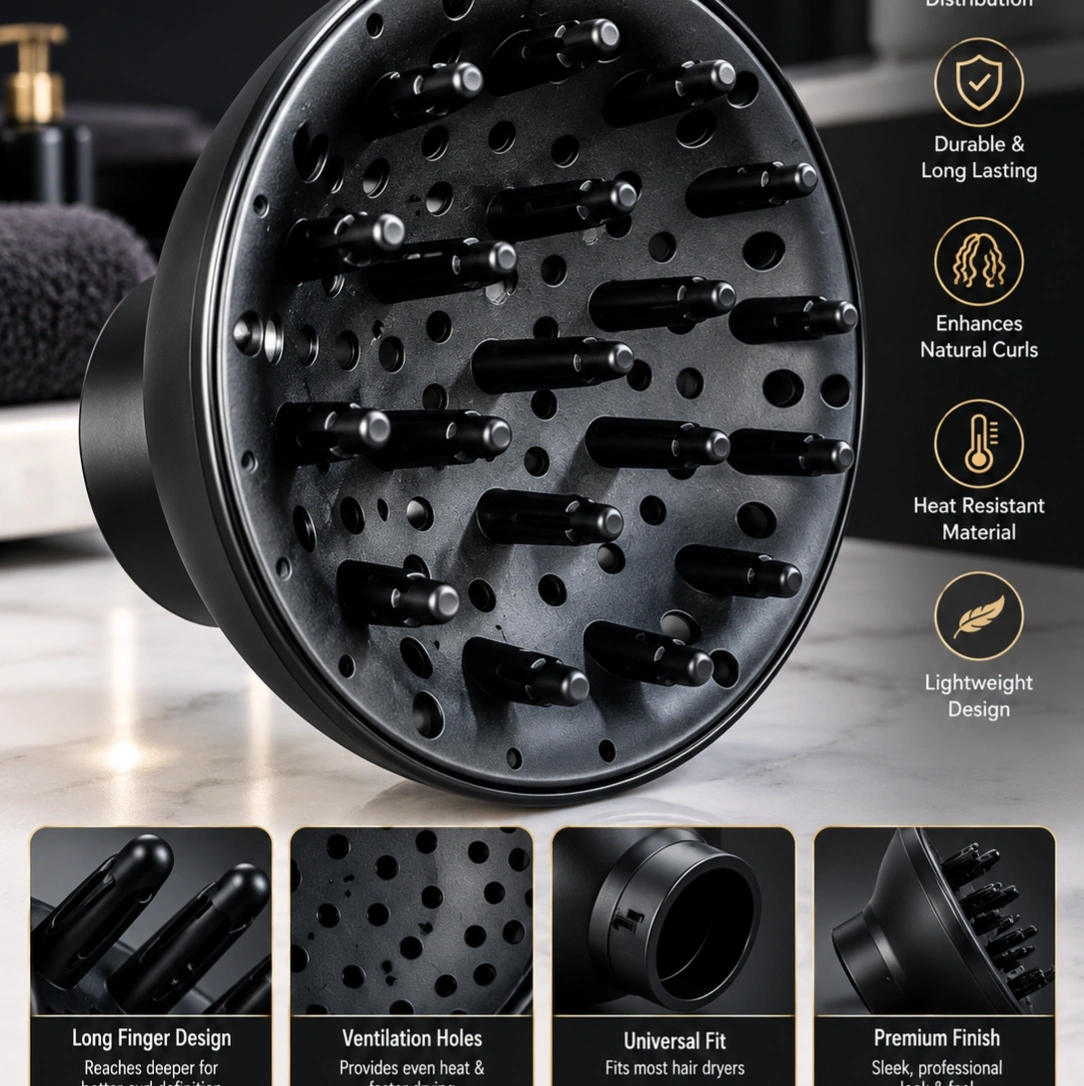 Professional Black Hair Diffuser Attachment for Hair Dryer – Curl Defining, Frizz Control & Even Airflow 2