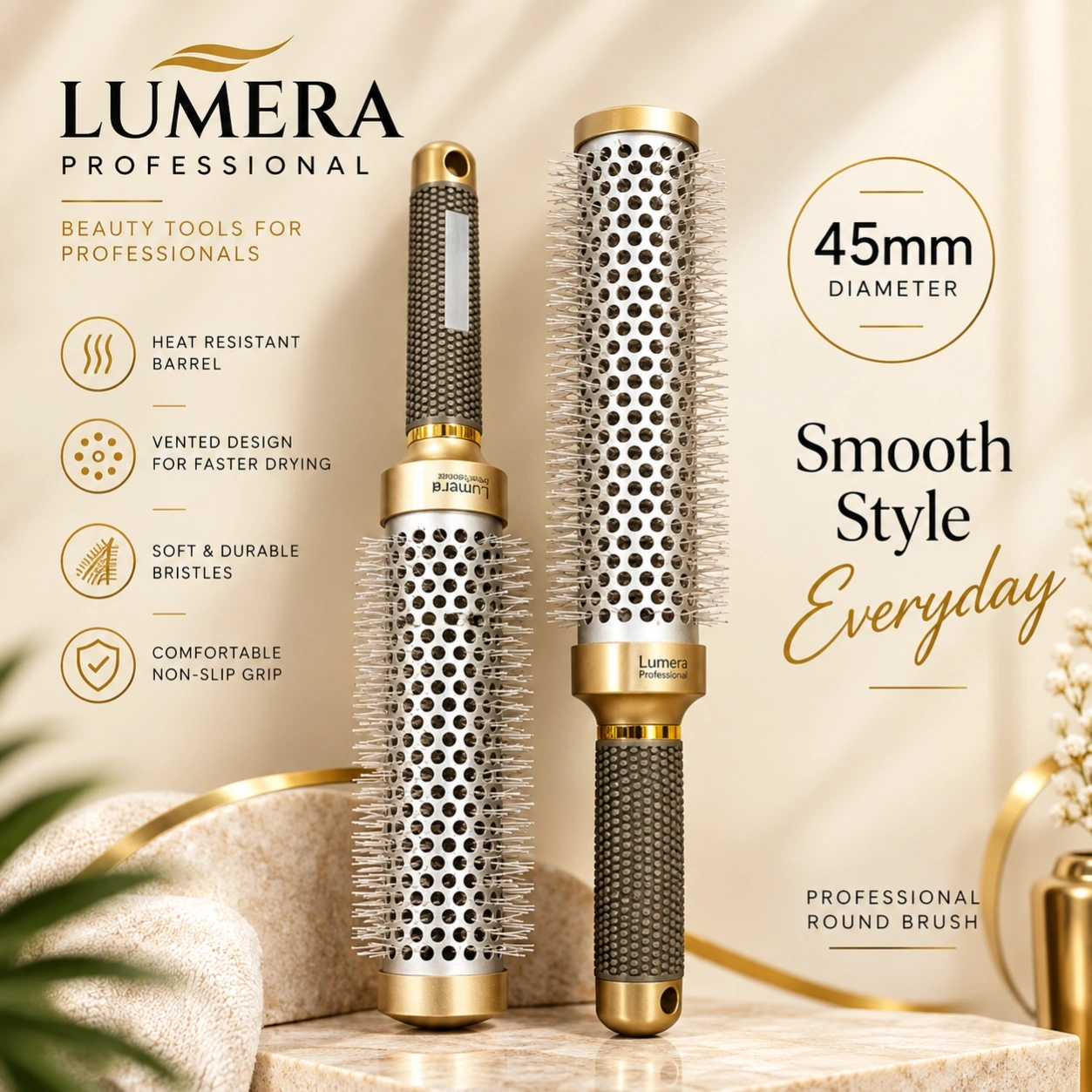 Professional Round Hair Brush 32mm – Gold & Silver Thermal Vent Hair Styling Brush 2