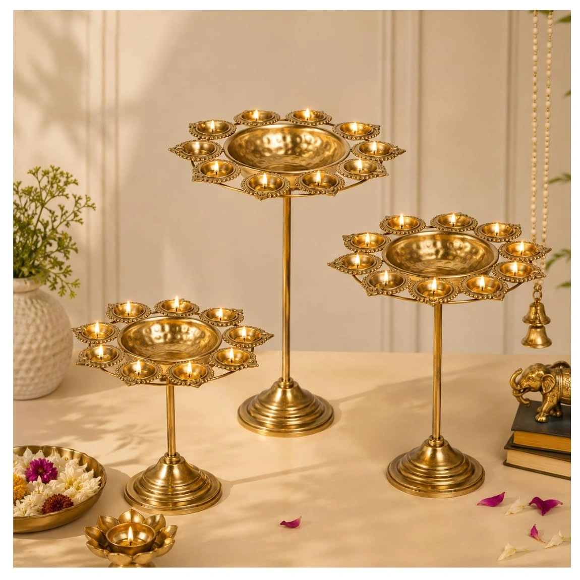 ID Studio Nepal Set of 3 Decorative Brass Finish Urli Stands for Diwali, Puja & Festive Décor 2