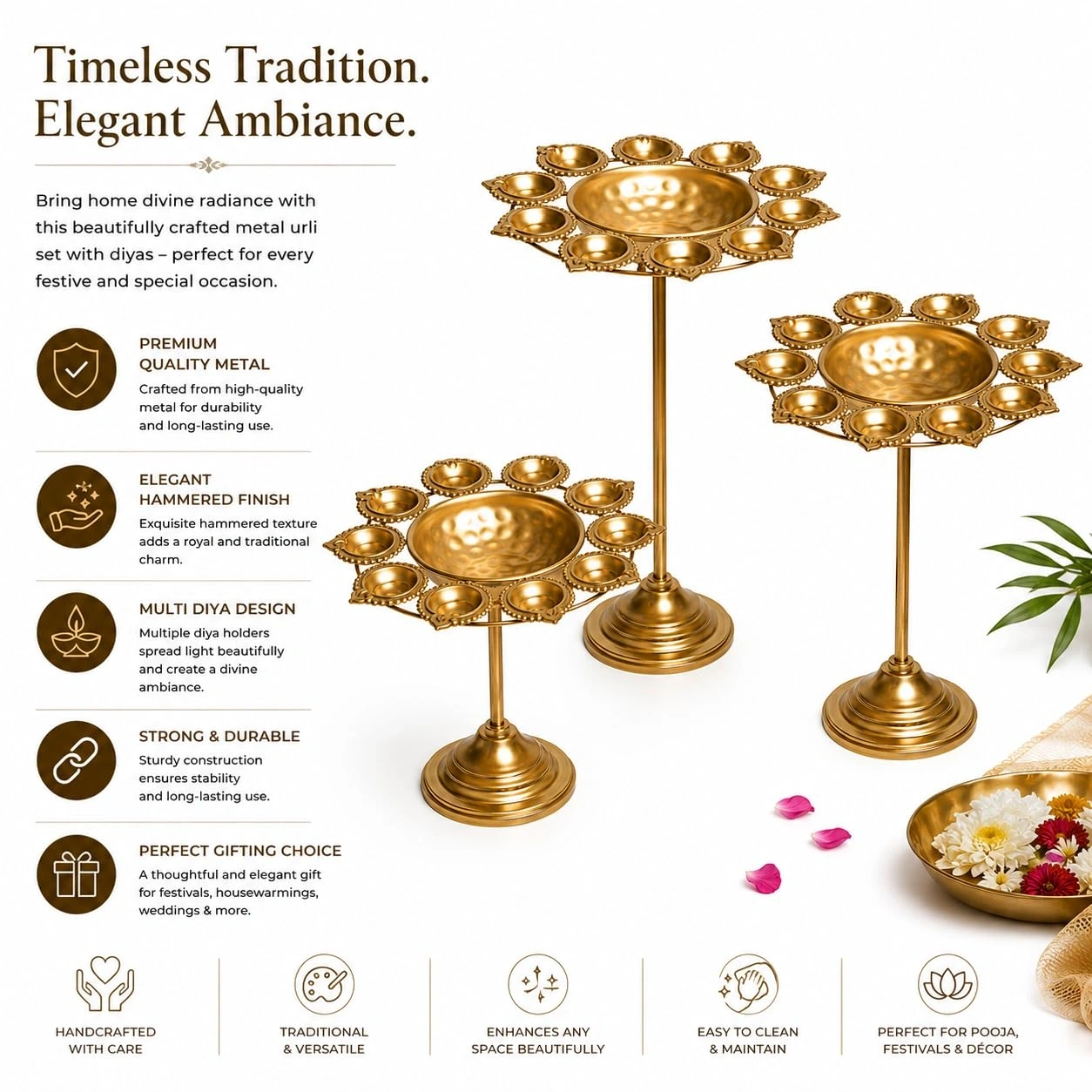 ID Studio Nepal Set of 3 Decorative Brass Finish Urli Stands for Diwali, Puja & Festive Décor 4