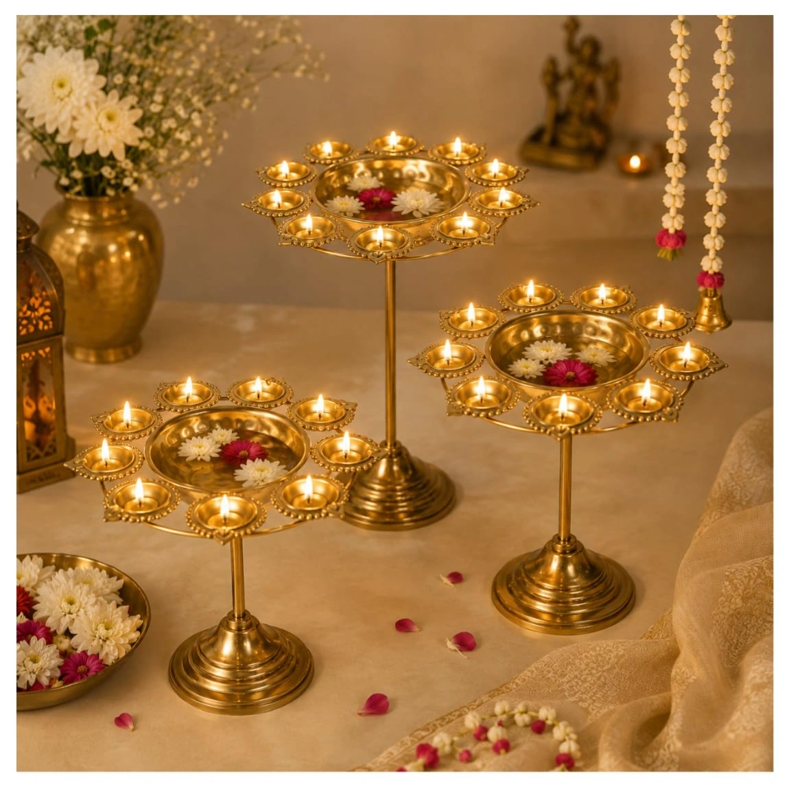 ID Studio Nepal Set of 3 Decorative Brass Finish Urli Stands for Diwali, Puja & Festive Décor 1