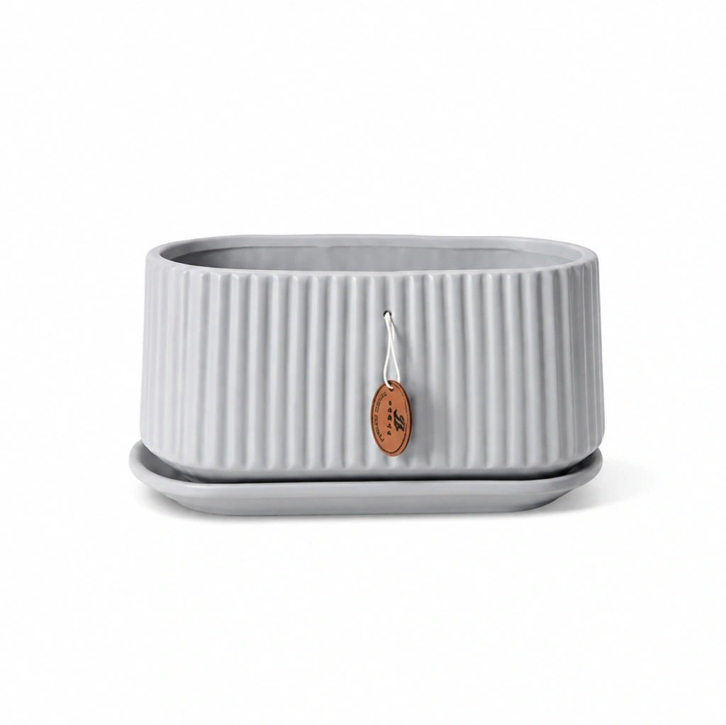 ID Studio Nepal Ribbed Ceramic Orchid & Bonsai Planter Pot with Matching Saucer for Tabletops, Desks, Shelves 4