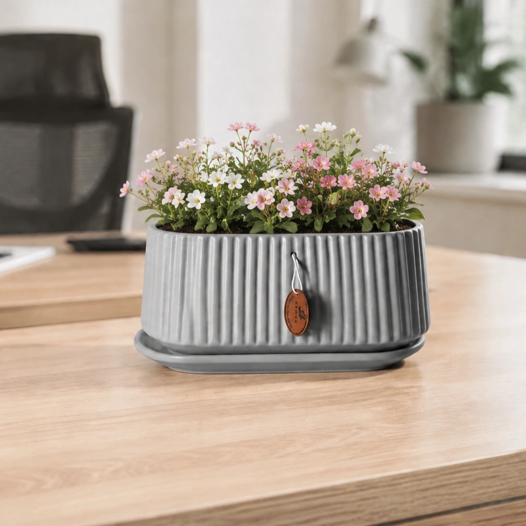 ID Studio Nepal Ribbed Ceramic Orchid & Bonsai Planter Pot with Matching Saucer for Tabletops, Desks, Shelves 1