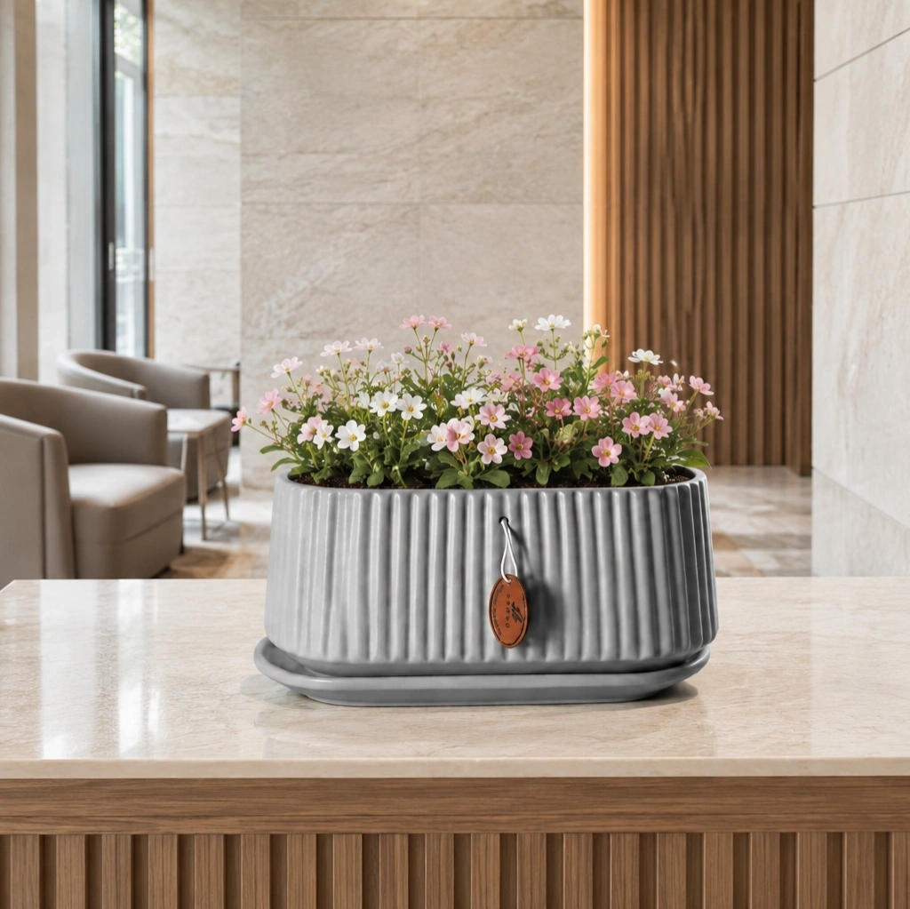 ID Studio Nepal Ribbed Ceramic Orchid & Bonsai Planter Pot with Matching Saucer for Tabletops, Desks, Shelves 2