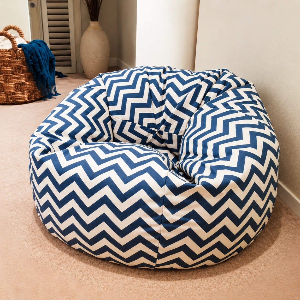 ID Studio Nepal Navy Blue & White Chevron Bean Bag Chair for Living Room, Bedroom & Reading Corner 1