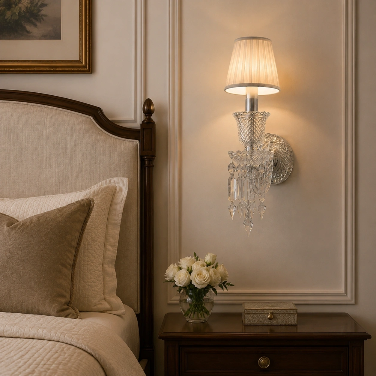 ID Studio Nepal Elegant Crystal Wall Light with Fabric Shade for Bedroom, Bedside, Living Room, Hallway and Hotel Décor 1