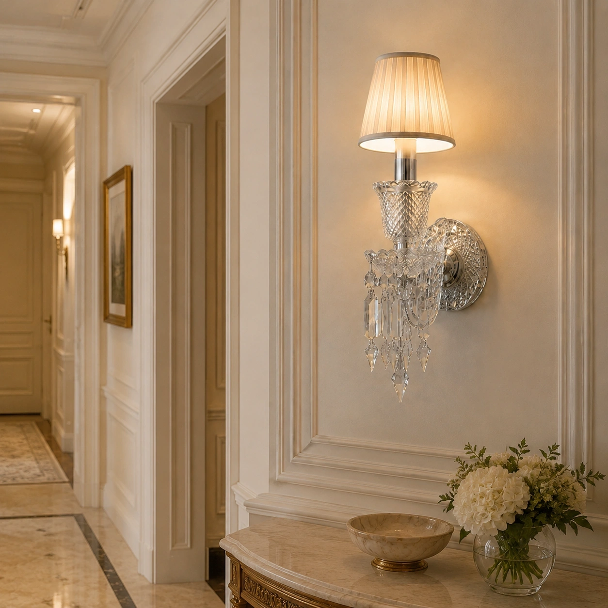 ID Studio Nepal Elegant Crystal Wall Light with Fabric Shade for Bedroom, Bedside, Living Room, Hallway and Hotel Décor 2