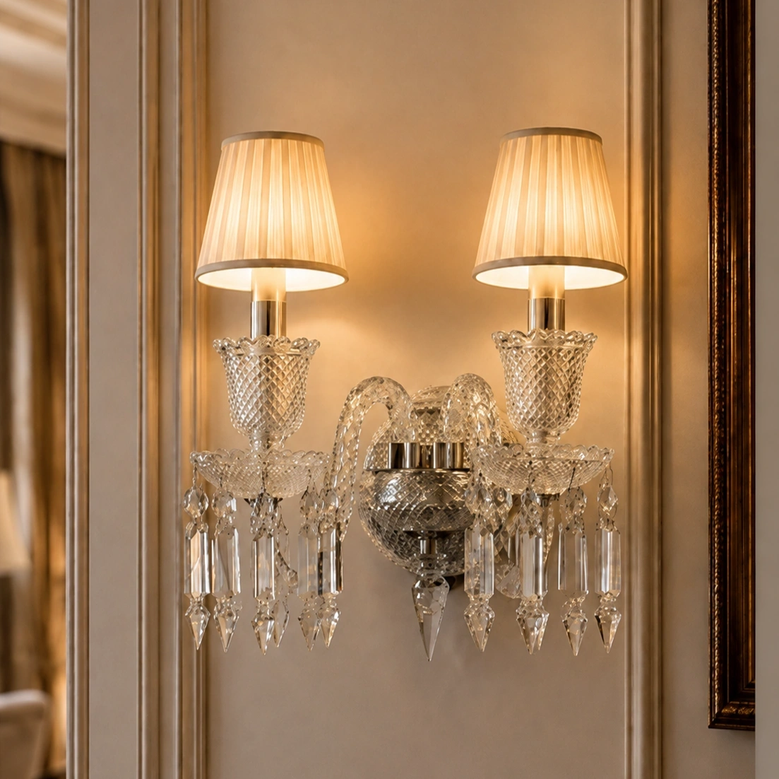 ID Studio Nepal Elegant Crystal Wall Light with Fabric Shade for Bedroom, Bedside, Living Room, Hallway and Hotel Décor 3