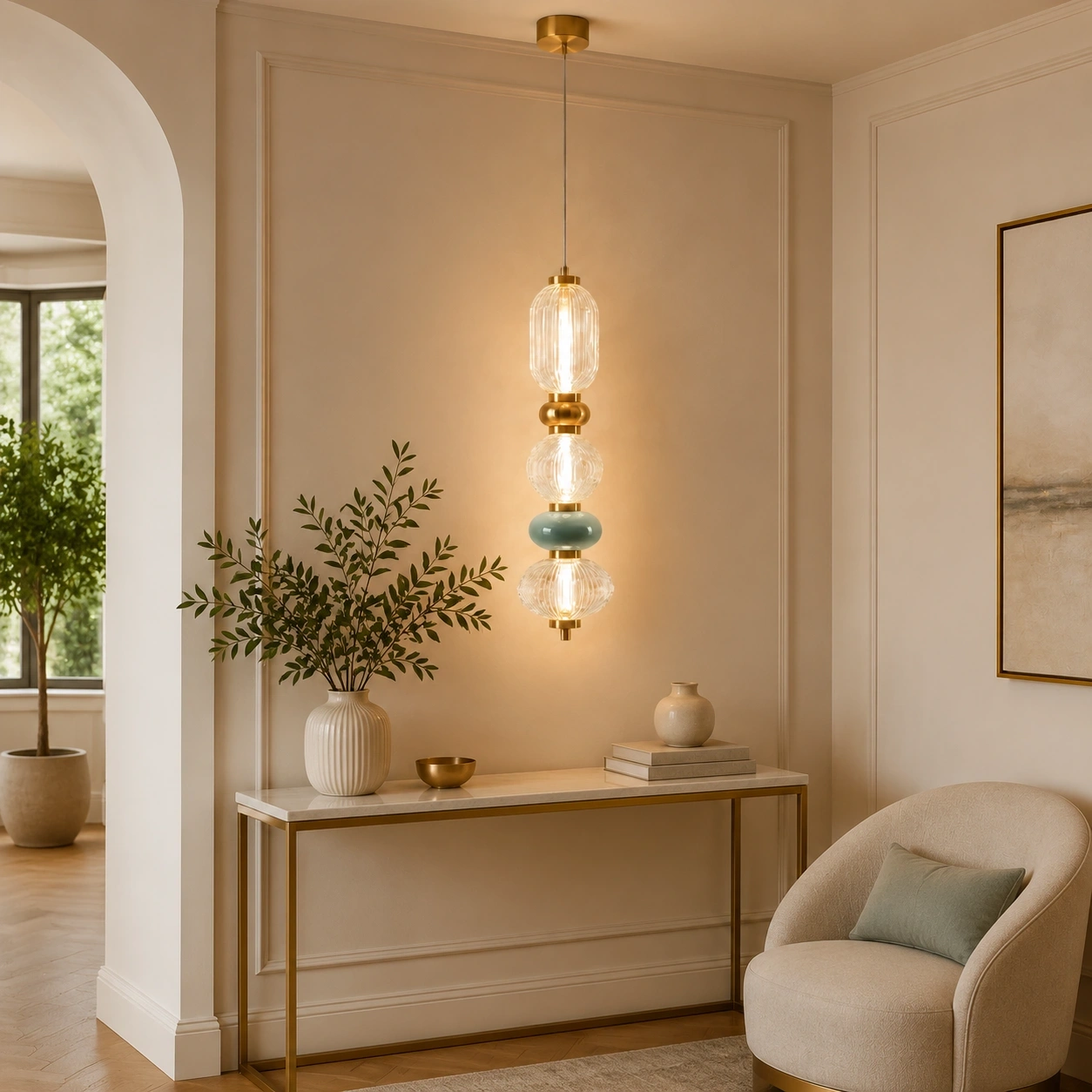 ID Studio Nepal Modern Clear Glass Vertical Pendant Light for Bedside, Living Room Corners, Staircases and Foyers 2