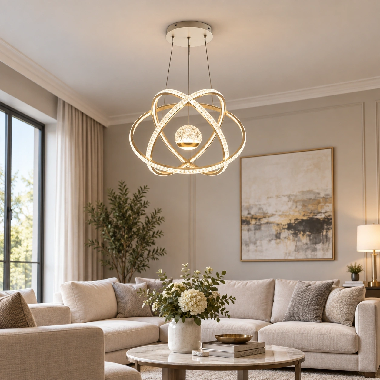 ID Studio Nepal Modern Shiny Gold LED Chandelier for Living Room, Dining Area & Bedroom 1