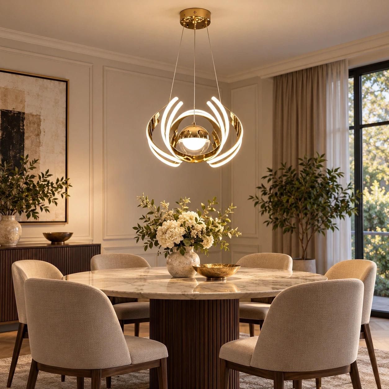ID Studio Nepal Shiny Gold 3-in-1 LED Pendant Light for Living Room, Dining Area and Bedroom 1