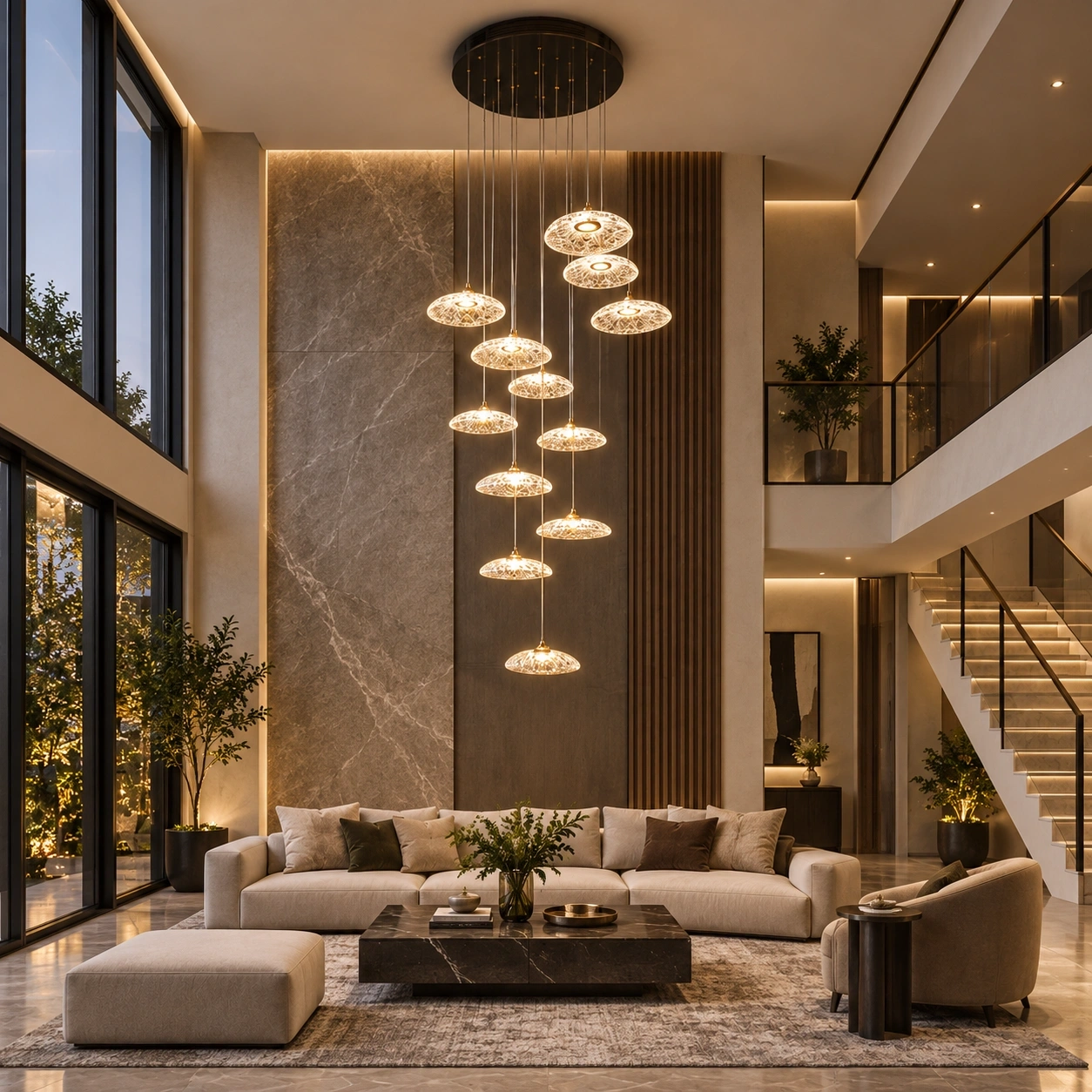 ID Studio Nepal 12-Light Cascading LED Chandelier for Staircases, Duplex Halls and Double-Height Living Rooms 1