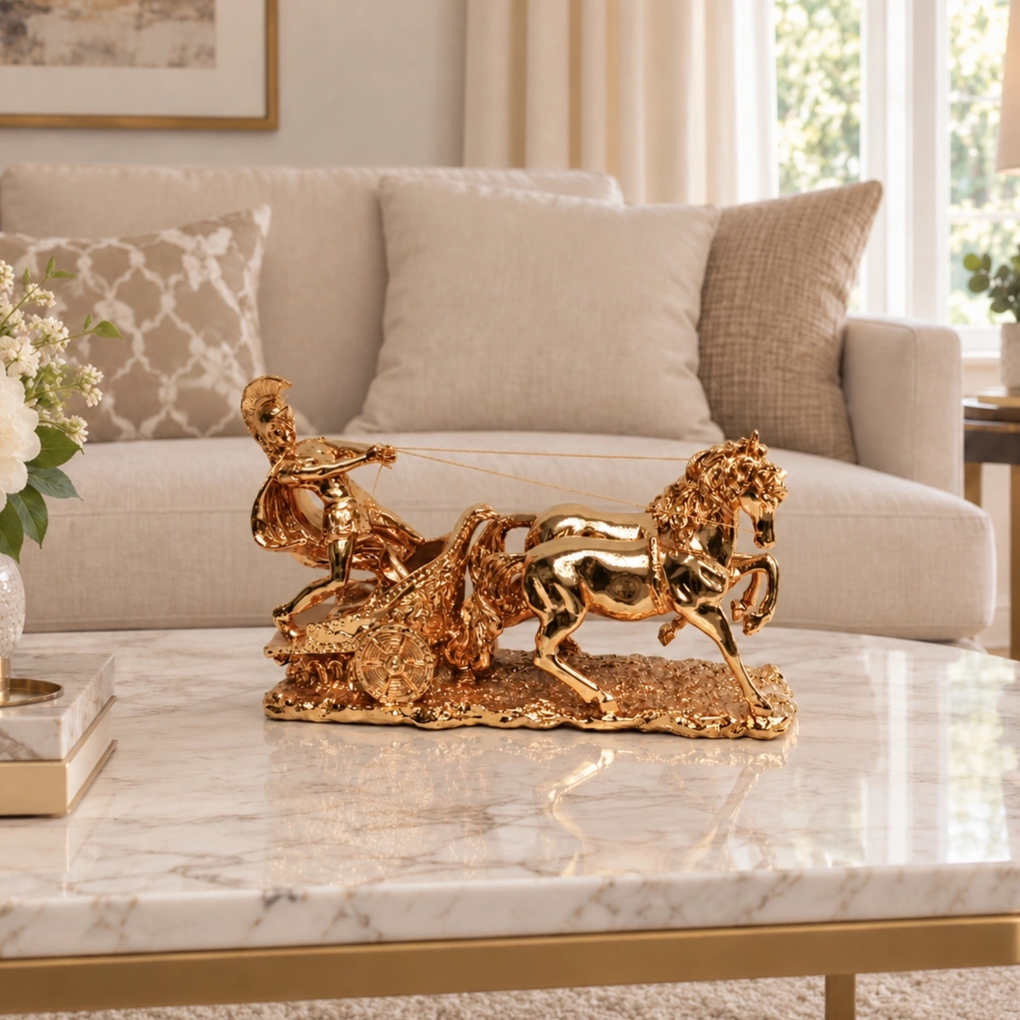 ID Studio Nepal Golden Horse Chariot Decorative Showpiece for Living Room, Office & Gifting 1